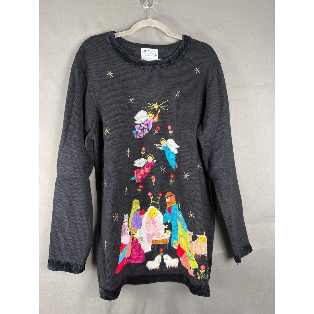 Quacker Factory Sweater Women XL Black Nativity Scene Embroidered Velvet Trim